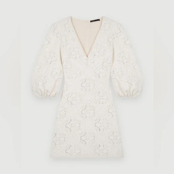 MAJE Sequin-Embellished Embroidered Tulle Mini Dress Ecru FR 36 US 2 S 495$  NWT